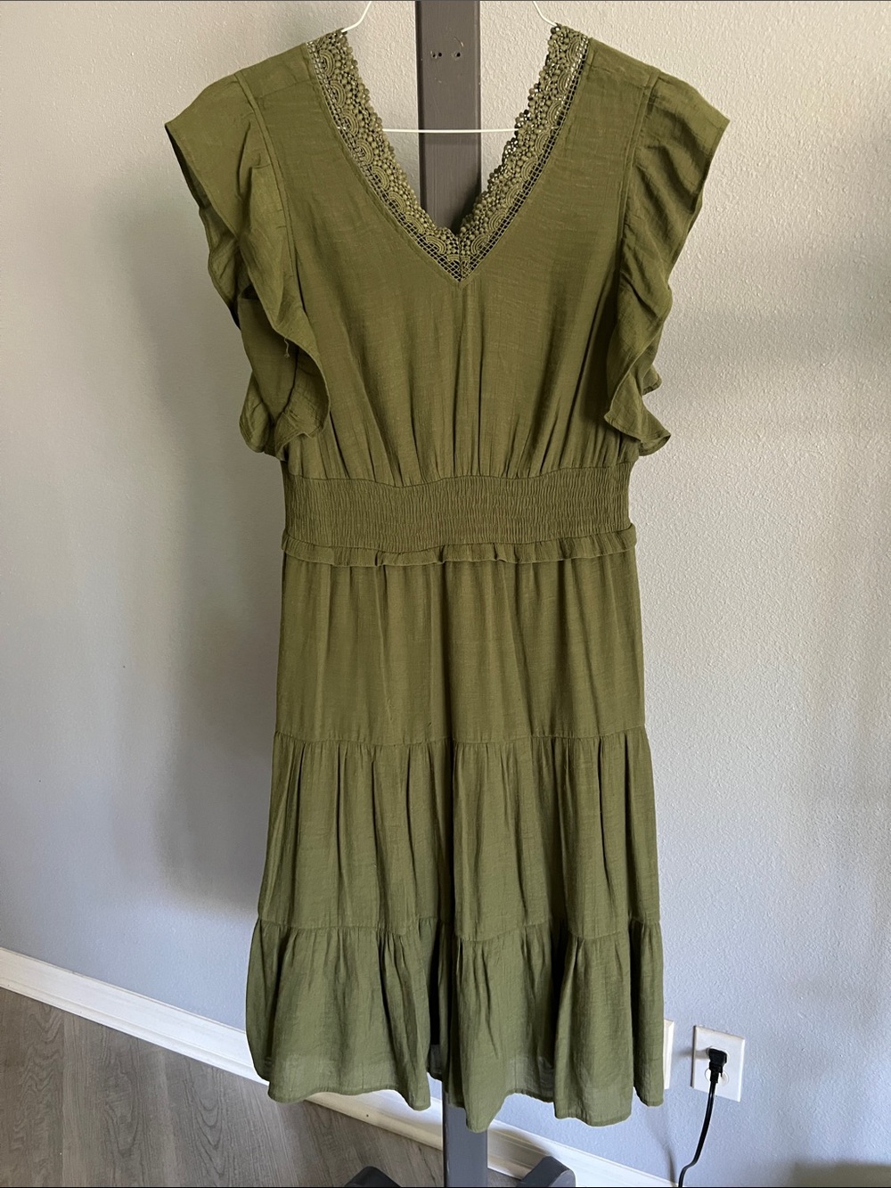 Nanette Lepore Olive Green Crochet-Edged Waist-Detail Dress